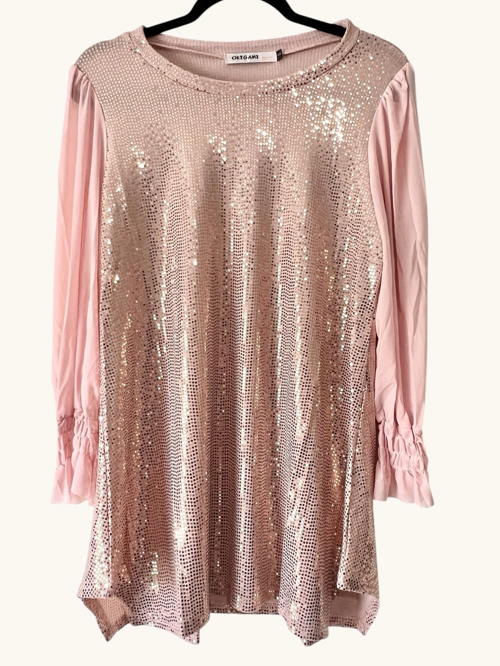 Origami Sequin Blush Pink Mini Dress with Sheer Sleeves
